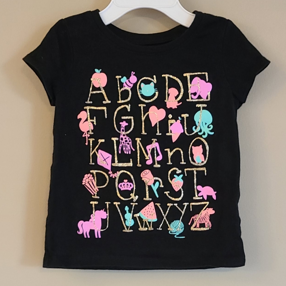 Gold spakly alphabet black short sleeved tee shirt